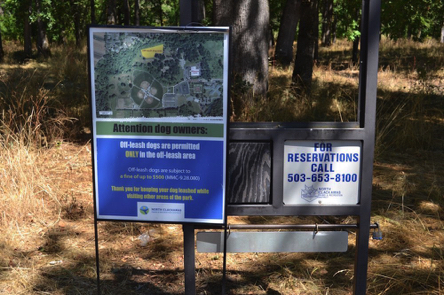 Information for dog owners with map to the off-leash area – to make reservations in the park call (503) 653-8100